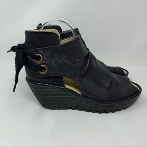 Fly London Yull Perforated Leather Wedge Black Bootie Shoe EU 39 US 8-8.5